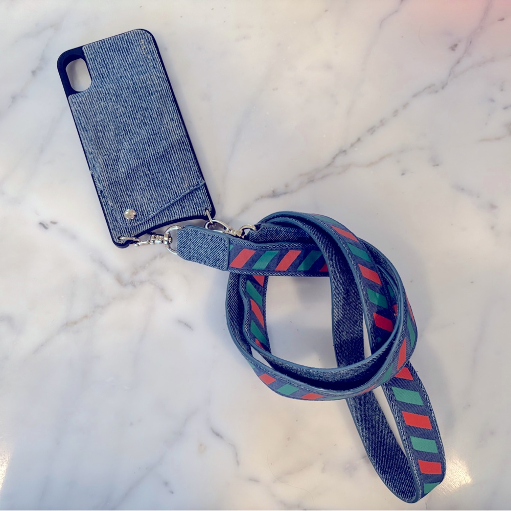 Bandolier I phone X in denim with 2 sided denim and striped strap